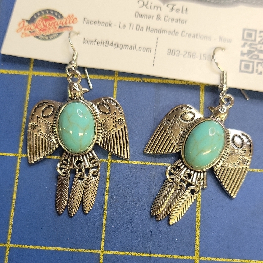 Silver Tone Faux Turquoise Eagle 1.75" Earrings